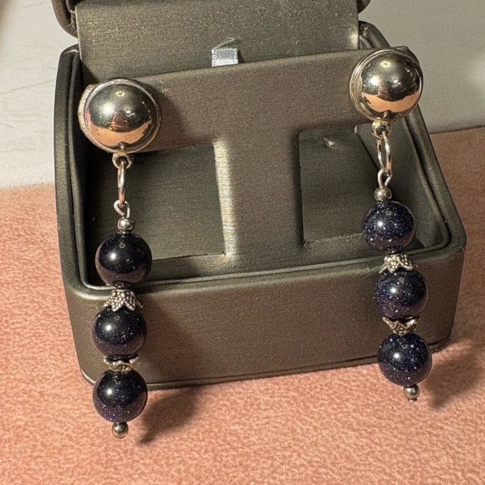 Silver Toned and Blue Gold Stone Dangle Earrings